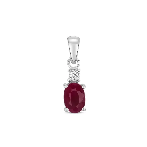 Diamond and 6X4mm Ruby Oval Pendant - 9ct White Gold